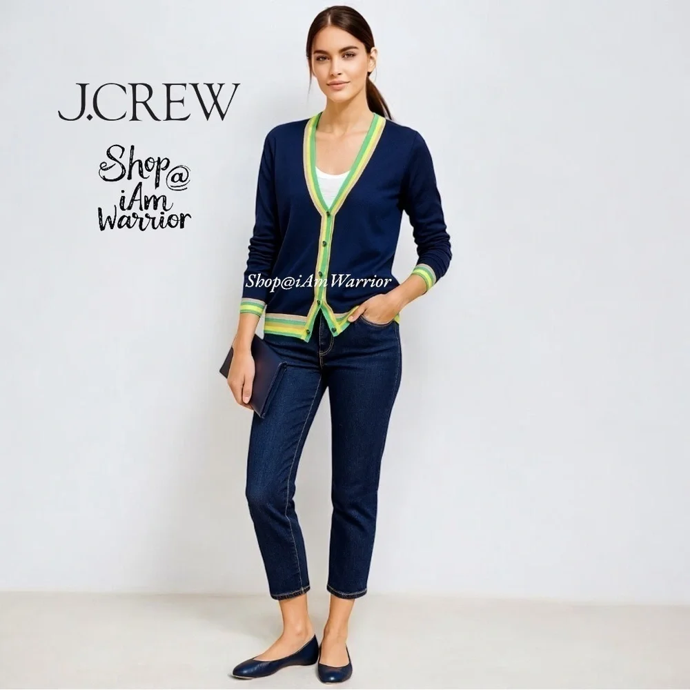 J.Crew NWT navy lightweight v-neck cardigan with neon striped trim